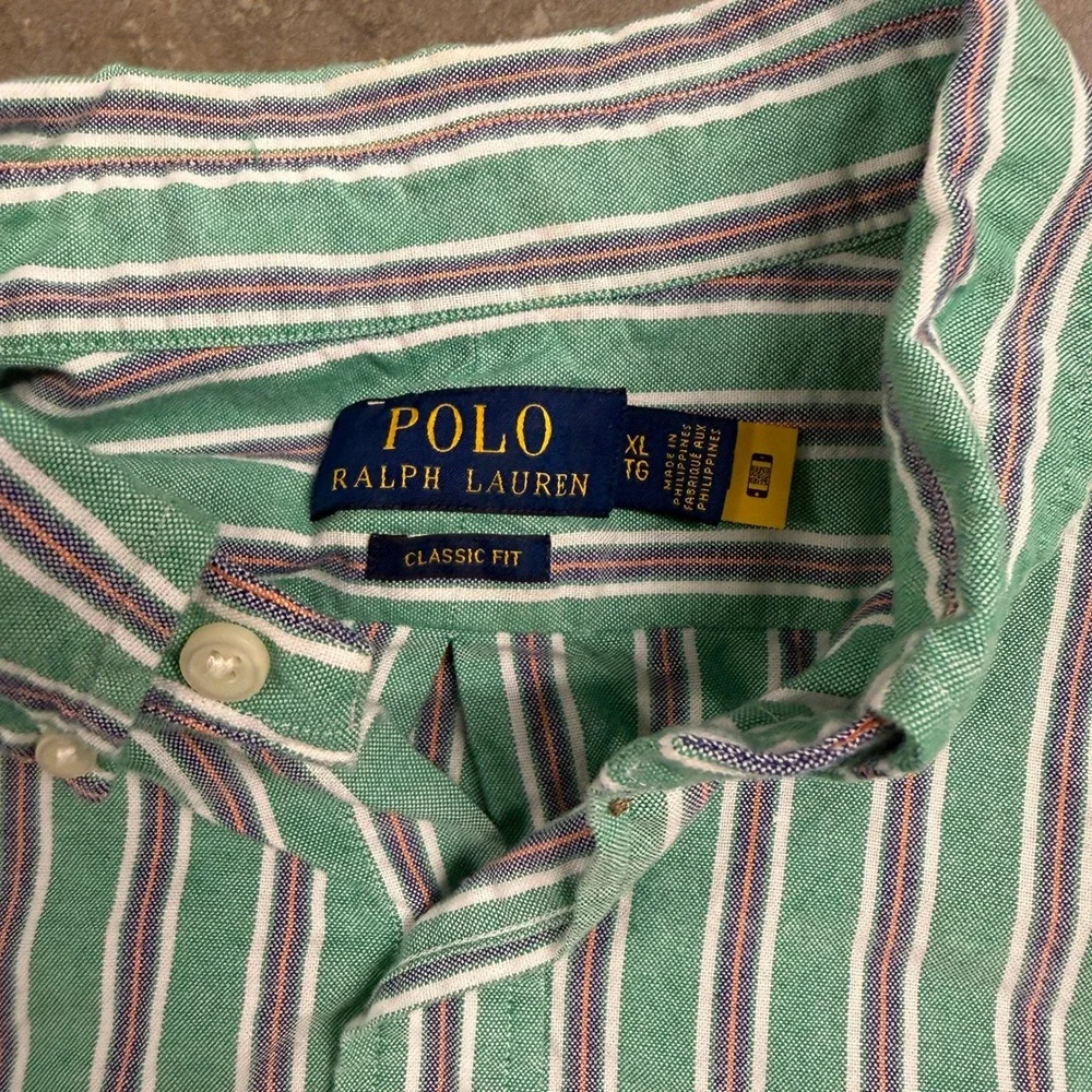 Polo Ralph Lauren Mens XL Classic Fit Striped Button Down Shirt Green White Blue